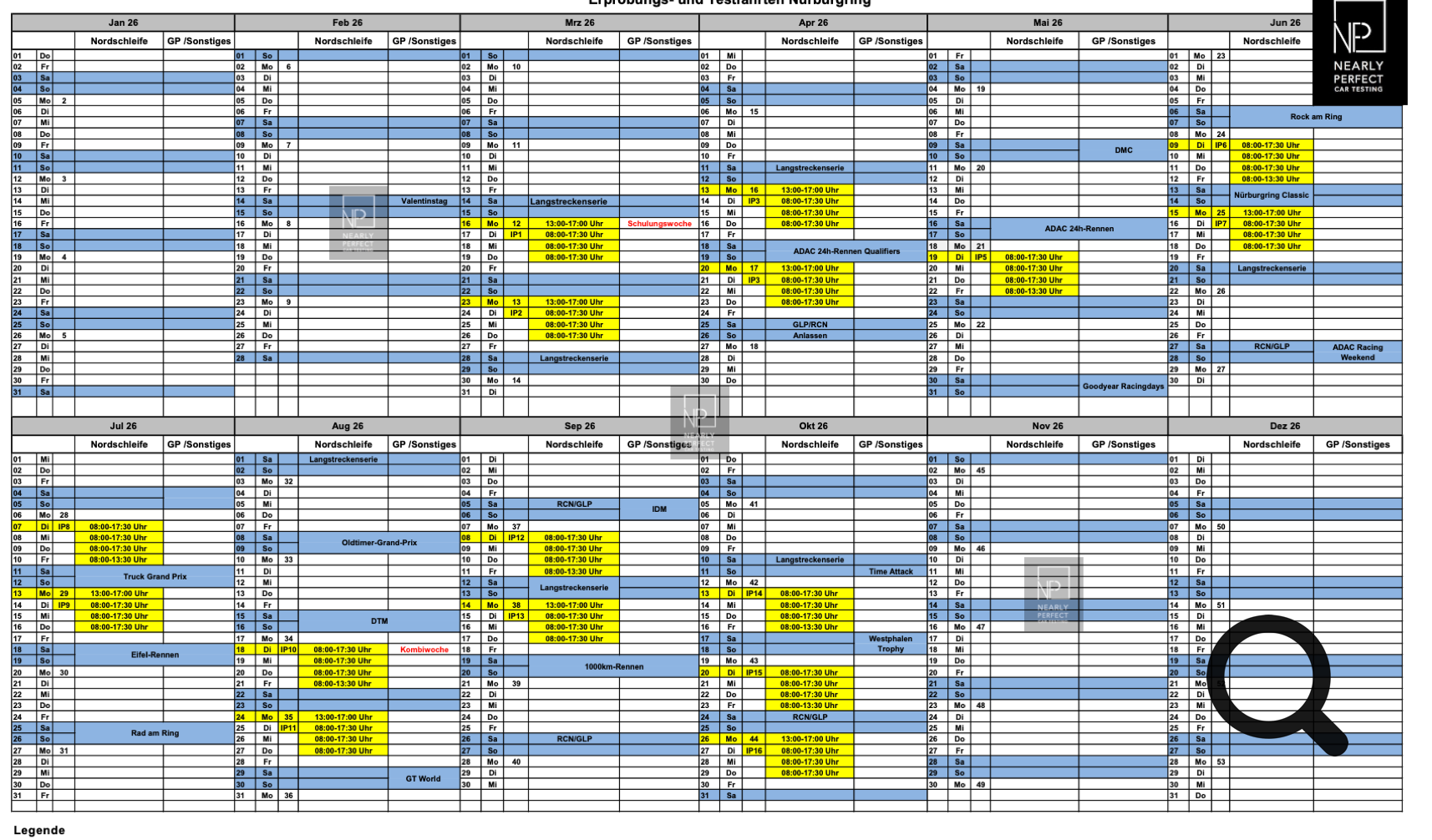 Der interne Industriepoolkalender 2026 zum Downloaden nur hier bei NP NEARLY PERFECT CAR TESTING 
